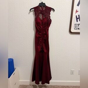 Xscape Burgundy Backless Lace Dress